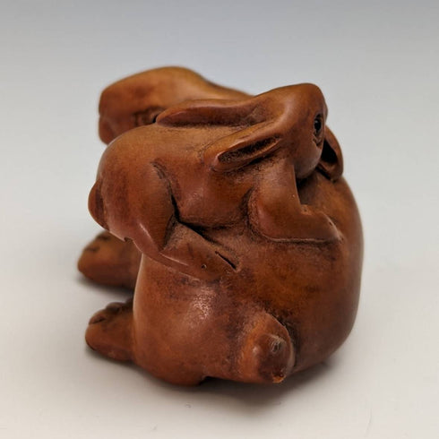 Japanese vintage rabbit parent and child wooden netsuke